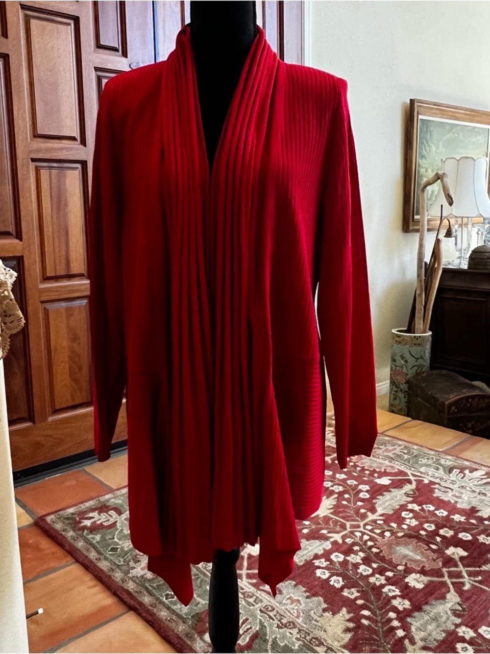 Misook Red Pleated Open-Front Cardigan